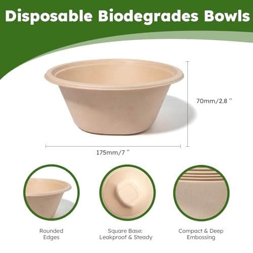 JYTIDYRA 32 oz Disposable Paper Bowls, Heavy-Duty Compostable Soup Bowls, Eco-Friendly Biodegradable Bagasse Bowls, Microwave & Freezer Safe, Large Deep Bowls for Salad, Cereal, BBQ [100 Pack] - Thumbnail 2