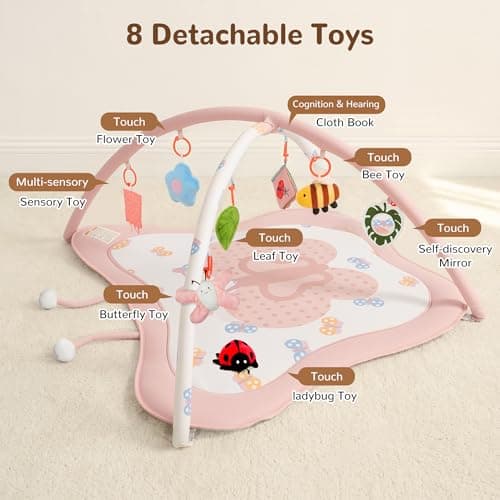 Pamo Babe Baby Play Gym & Activity Mat, Tummy Time Mat with 8 Montessori Toys, Non-slip Foldable Baby Playmat for Stage-Based Development, Machine Washable Baby Gym Play Mat for Newborn Essential Gift - Thumbnail 2