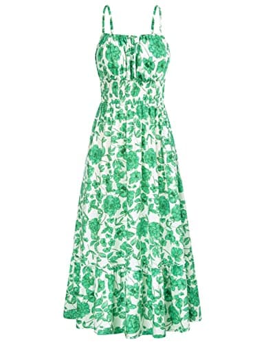 GRACE KARIN Summer Dresses for Women 2026 Vacation,Smocked Floral Maxi Dresses,Boho Beach Long Sundress Green Floral XL - Image 1
