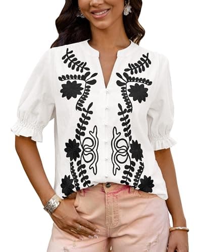 BTFBM Women's 2026 Spring Tops Casual Floral Boho V Neck Puff Short Sleeve Button Down Shirts Embroidered Blouses Tunic(Floral White Black, Large) - Image 1