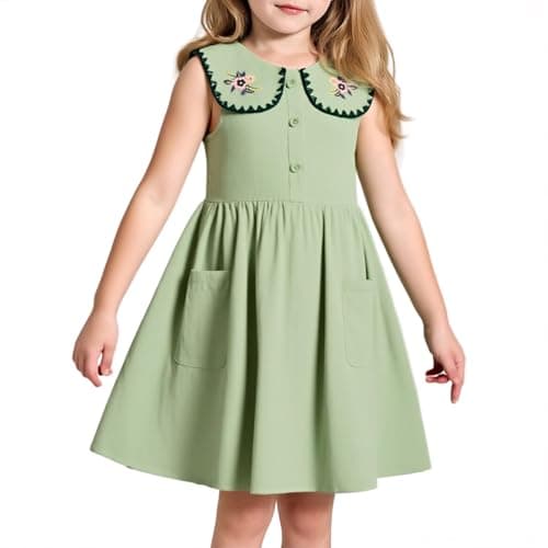 Little Bitty Girls Cotton Embroidered Peter Pan Collar Sleeveless Summer Party Birthday Sunshine A Line Dress Green 4T