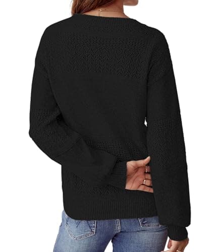 NORACORA Women's V Neck Fall Sweaters Crochet Soft Lightweight Ribbed Knit Loose Pullover Sweater Long Sleeve Tops 2025 Trendy Outfits Black - Thumbnail 4
