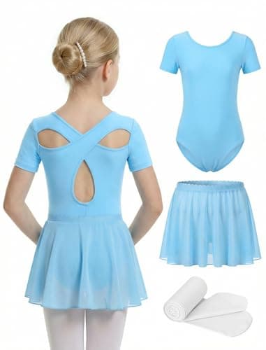 JiAmy 3PCS Girls Ballet Leotards with Skirt Tights Set, Cross Back Dance Dress, Toddler Ballerina for Little Big Kid 7-8 Years Blue - Image 1