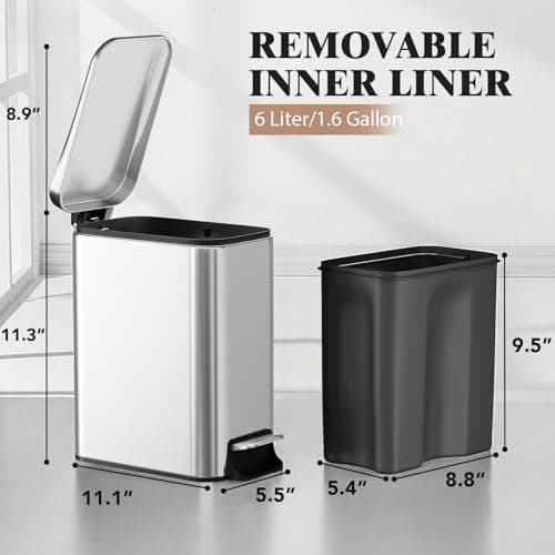 Halituny Small Bathroom Trash Can w/Lid Soft Close, 6 Liter/1.6 Gallon Stainless Steel Garbage Can w/Inner Bucket, Trash Bin Waste Basket for Kitchen, Bedroom, Living Room, Office, Toilet, Silver - Thumbnail 2