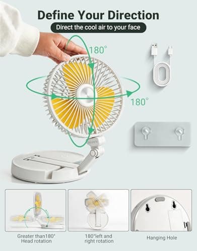 HRTISNW Portable Foldable Oscillating Fan, 6000mAh Battery Powered USB Rechargeable Fan, 16.1 Inches Wireless Desk Fan for Bedroom, Office, Camping and Travel, White - Thumbnail 4