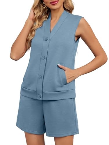 Casly Lamiit Lounge Sets for Women 2 Piece Travel Outfits Sleeveless Button Down Vest Shorts Sweatsuit with Pockets Spring Beach Vacation Clothes Blue Grey 2XL - Thumbnail 3