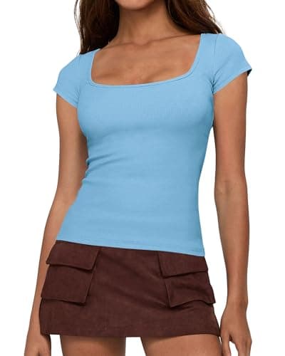 BTFBM Women Short Sleeve Tops Square Neck Ribbed Knit Basic Tee Shirt Y2K Casual Summer Clothes 2026 Spring Outfits(Light Blue, XX-Large) - Image 1