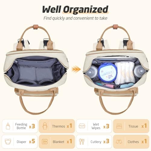 Tonyeee Diaper Bag Backpack - Extra Large Diaper Bag for 2 Kids Twin, Travel Baby Bags for Mom Dad 25-37L Expandable with Changing Pad Earphone Hole, Apricot Beige - Thumbnail 5