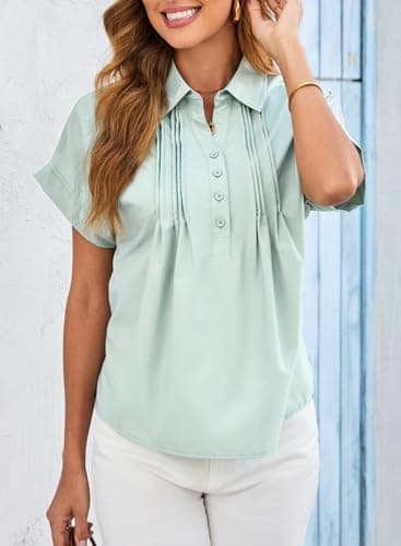 Dokotoo Plus Size Tops for Women Dressy Casual Chiffon Blouse Short Sleeve Shirts for Women Collared V Neck Work Office Button Down Shirt Solid Loose Fit T-Shirts Mist Green Polo Shirts XX-Large - Thumbnail 3