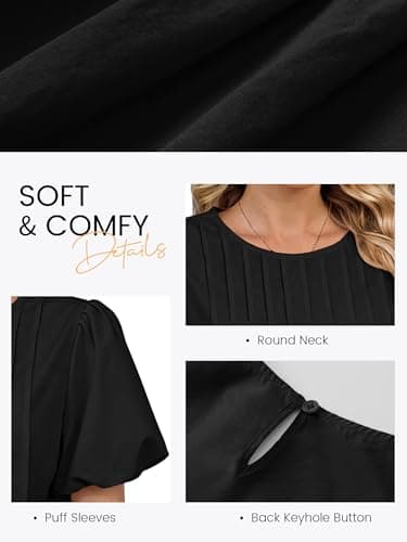 Funlingo Womens Blouses Summer Short Puff Sleeve Babydoll Tops for Women Casual Crew Neck Flowy Pleated Shirts Cute Clothes Black XL - Thumbnail 5