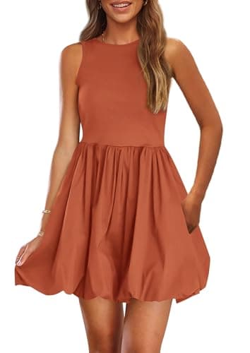 PRETTYGARDEN Summer Dresses for Women 2026 Causal Sleeveless Tank Mini Short Dress Crew Neck Bubble Sundress with Pockets (Orange,X-Large) - Image 1