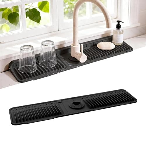 ZJWZLG Faucet Mat for Kitchen Sink, 24"X5.5" Silicone Sink Splash Guard with Soap Holder, Snap-On Design & 7°slope Fast Drain, Folding Sink Faucet Mat for Universal Kitchen Bathroom Sink（Black） - Image 1