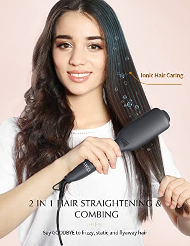 LANDOT Hair Straightener Brush for Thick Curly Hair - Ionic Ceramic Straightening Brush with Dense Bristles & 12 Temp Settings, Dual Voltage, Fast Heating for Frizz-Free Smooth Hair, Black - Thumbnail 3