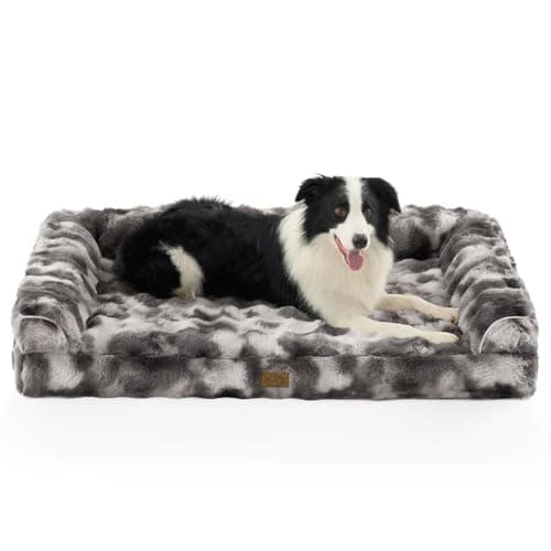 Faux Fur Orthopedic Dog Bed, Extra Large Dog Bed, Supportive Foam Pet Sofa with Waterproof Lining Cover, Washable U-Shaped Pet Couch with Anti-Slip Bottom Design, Tie-dye Grey XXL 48x32x8 inch - Image 1