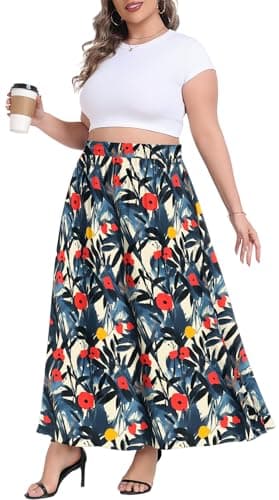 Lastshe Plus Size Maxi Floral Skirts for Women Casual Elastic High Waisted Hide Drawstring Flowy A-line Long Church Skirt with Pockets,Ink Red Print,3X - Image 1