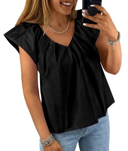 Tankaneo Womens Cap Ruffle Sleeve Tops Summer Dressy Casual V Neck Pleated Blouses Loose Fit Cotton Shirts Black - Image 1
