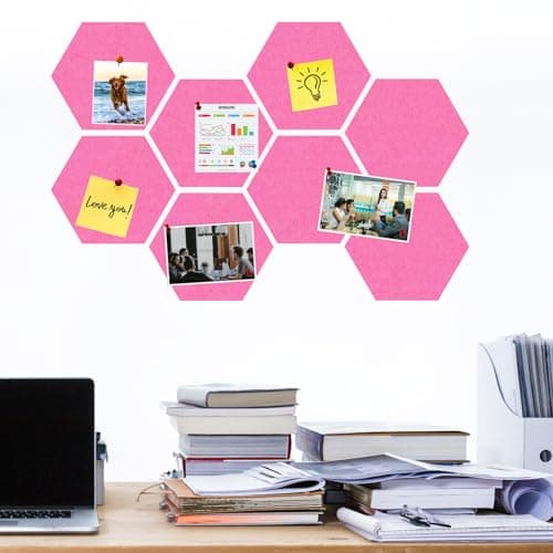 HULAVO Large Hexagon Felt Cork Board Tiles, Self Adhesive DIY Felt Bulletin Board Pin Board with 35 Pushpins for Office School Home Wall Decor Stickers Memos Photos Display(Pink) - Thumbnail 2