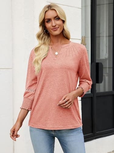 Womens 3/4 Sleeve Tops Smocked V Neck Blouses Dressy Casual Fashion T-Shirts Cute Summer Outfits Trendy Orange - Thumbnail 4