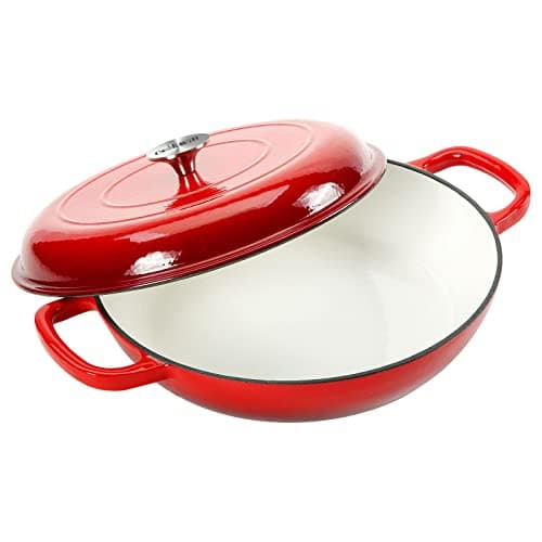 COOKWIN Cast Iron Casserole Braiser, 3.8 Quart Enameled Cast Iron Dutch Oven Pan with Lid, Heavy Duty and Dual Handles Skillet, Oven-Safe Porcelain Surface Casserole Dish, Red - Image 1
