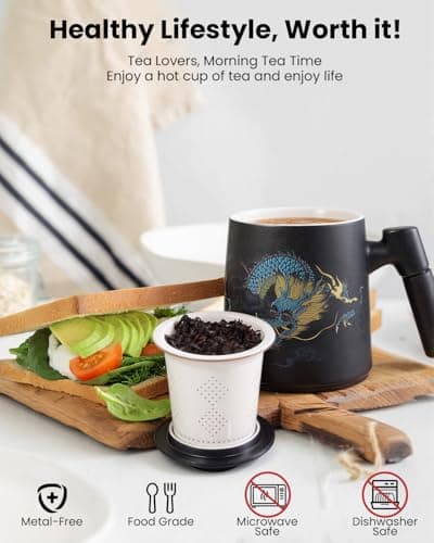 Foinly Ceramic Tea Cup with Infuser and Lid, 13.5 oz Tea Mug for Loose Leaf Tea,Wood Handle,Chinese Dragon Design,All Porcelain Strainer,BPA-Free, Perfect for Tea Lovers/Birthday/Mother's Day (Black） - Thumbnail 5