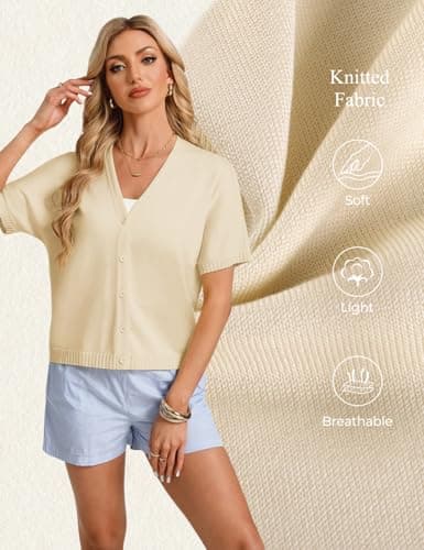 GRACE KARIN Womens Cropped Short Sleeve Cardigan Trendy, Lightweight Cute Sweater, V Neck Button Up Casual Top Cream 2026 L - Thumbnail 3