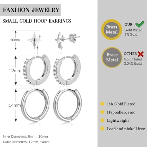 Small Gold Hoop Earrings for Women Dainty Gold Earrings| 14K Gold Plated Hypoallergenic Stud earrings Set| Cartilage Earrings for Multiple Piercing for Women (09-Silver-classic) - Thumbnail 4