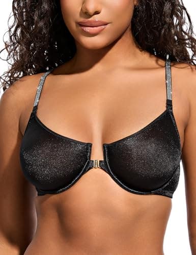 Wingslove Women's Front Closure Underwire Bra Sexy Plunge Mesh Unlined Satin Lace Bra with Removable Shining Straps (Black,38C) - Image 1