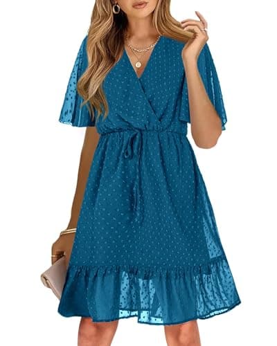 KIRUNDO Womens Summer Dresses 2026 Casual Spring Short Sleeve V Neck Ruffle Swiss Dot High Waist Belted Flowy Mini Dress, Style2-lake Blue, Large - Image 1