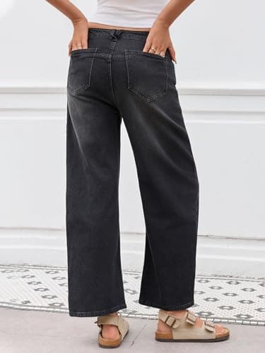 PEIHOT Mid Rised Barrel Jeans for Women Trendy Boyfriend Stretch Wide Leg Cropped Denim Pants with Pockets Black - Thumbnail 3