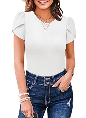 MIHOLL Womens Tops Short Petal Sleeve Slim Fit Crewneck Summer Cute Tee Shirts(White,Large) - Image 1