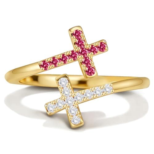 Helirose Cross Rings for Women, Adjustable Double Cross Open Ring, 14K Gold Plated Cubic Zirconia Dainty Religious Wedding Band, Valentines Gift (Red-White) - Image 1