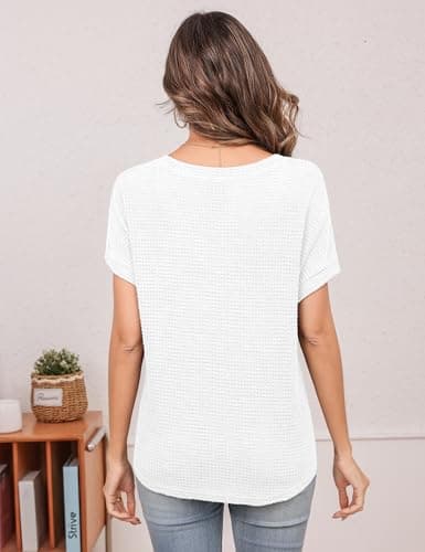 Totatuit Waffle Knit Casual Tops for Women V Neck Short Sleeve Summer Shirts Loose Fitting Curved Hem Blouses Soft Breathable Basic Tee White - Thumbnail 3