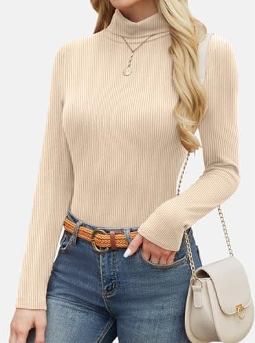 GKBK Women's Turtleneck Sweaters Long Sleeve Ribbed Basic Tees Shirts Lightweight Thermal Underwear Warm Layering Tops Fall Outfits 2025 Trendy Apricot - Thumbnail 5