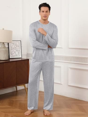 RQP Men's Pajama Set Ribbed Lounge Wear Silky Smooth 2 Piece Sleepwear,Stretch Home Outfits for Men,Grey - Thumbnail 3