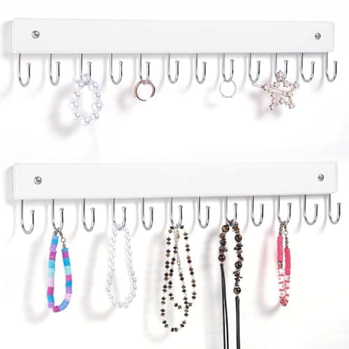 Dntorx Hanging Jewelry Organizer, 2 Pack Necklace Holder for Wall White Wooden Necklace Organizer Hangers with 24 Hooks Jewelry Display Hangers Wall Mounted for Necklaces, Earrings, Bracelets, Keys - Image 1