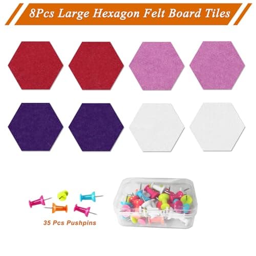 HULAVO Large Hexagon Felt Cork Board Tiles, Self Adhesive DIY Felt Bulletin Board Pin Board with 35 Pushpins for Office School Home Wall Decor(Purple+Light Purple+Deep Red) - Thumbnail 5