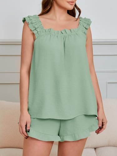 Beautife Womens Plus Size 2 Piece Pajamas Set Ruffle Square Neck Tank Top Shorts Matching Sets Summer Loungewear Outfits - Thumbnail 4