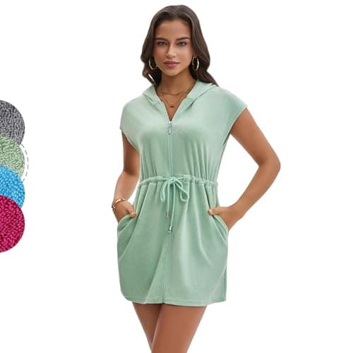 Navisting Terry Cloth Swim Cover Up for Women UPF 50+ Hooded Beach Swimsuits Cotton Robes Cover-up with Zipper Pockets Sun Protection Beach Swimwear Mint Green L - Image 1