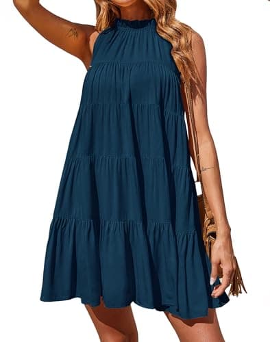 Okiwam Womens Summer Dress 2026 Sleeveless Halter Neck Flowy Mini Sundress Casual Babydoll Spring Beach Vacation Clothes-S Navy Blue - Image 1