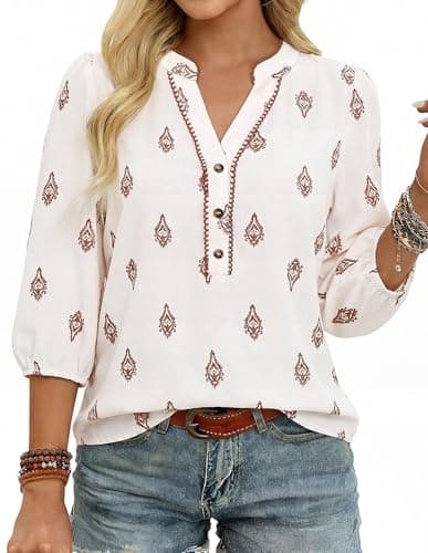 GRACE KARIN Boho Tops for Women Summer, Dressy Casual Floral Blouses, V Neck Button Up 3/4 Sleeve Shirts for Vacation White Red L - Image 1