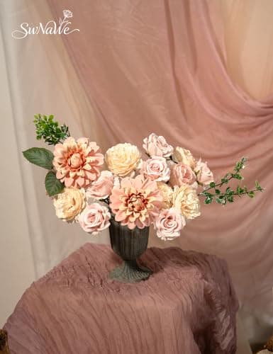 SWNAWE Pink Flowers Artificial Roses Combo Set Faux Pink Silk Flowers Fake Roses Mix Dahlia Peonies with Stems for Wedding Bouquets Table Centerpiece Baby Bridal Shower Birthday Party Decorations - Thumbnail 4