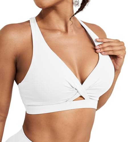 Sports Bras for Women Push Up Medium Impact Racerback Workout Yoga Bra Womens Deep V Padded Sports Bra with Support Gym Tops, White, L - Image 1