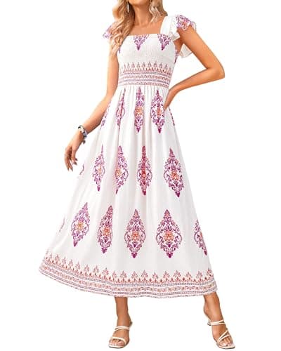 BTFBM Summer Dresses for Women 2026 Floral Smocked Boho Sleeveless Square Neck A Line Casual Beach Maxi Dress Pockets(Floral White Rose Red, XX-Large) - Image 1