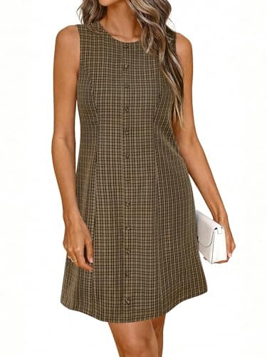BTFBM Womens Summer Dress 2026 Spring Plaid Crew Neck Sleeveless Button Bodycon Mini Vintage Business Casual Dresses(Brown, X-Large) - Thumbnail 4