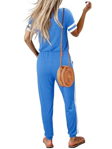 Magritta 2 Piece Outfits for Women 2026 Summer Casual Blue Lounge Jogger Sets Petite White Stripes Sleeve Top and Long Pants with Pockets S - Thumbnail 4