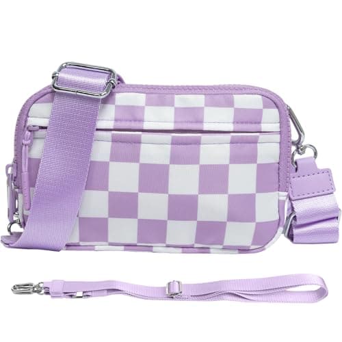 NBERMOTION Checkered Nylon Wristlet Wallets for Women RFID Blocking Purse With Credit Card Holder & Crossbody Strap(Purple) - Image 1