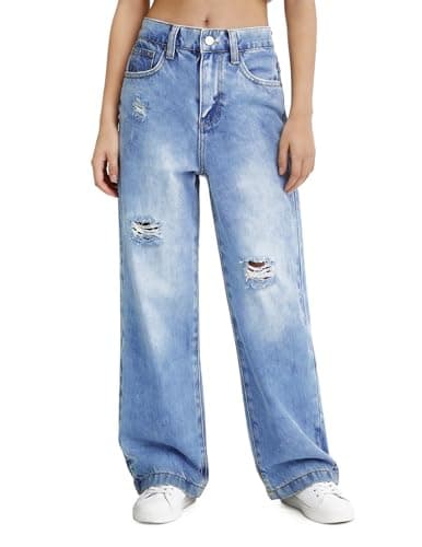 PATPAT Girls Baggy Ripped Jeans 5-14Y, Y2K Vintage Mid Waist Wide Leg Jeans, Trendy Denim Pants with Elastic Waist & Pockets - Image 1