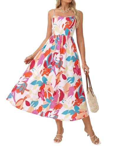 GRACE KARIN Summer Floral Maxi Sundresses for Women 2026 Spaghetti Strap Beach Boho Dress Casual Fashion Clothes with Pocket White Pink Orange M - Image 1