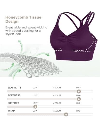 BRXL Lycra Strappy Ruched Sports Bra for Women Breathable Seamless Criss Cross Back Light Support Padded Bras Exercise Yoga Purple XL - Thumbnail 4