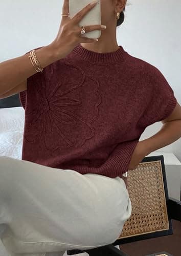 PRETTYGARDEN Women's 2026 Spring Sweater Vest Trendy Flower Knit Short Sleeve Cute Pullover Tank Tops Summer Fashion Clothing (Red Brown,Medium) - Thumbnail 5